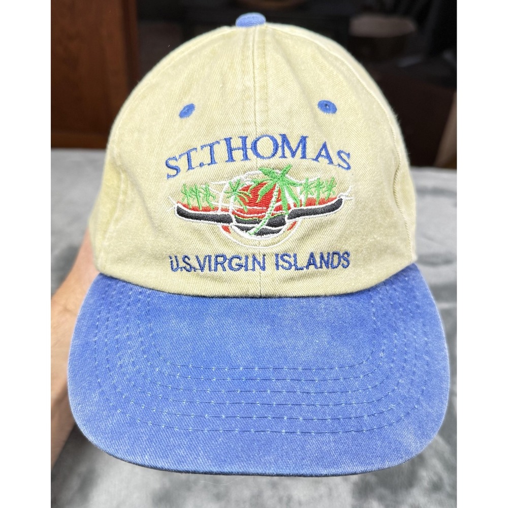 St Thomas US Virgin Islands Hat Cap Strap Back Mens 7 1/4 Beige Blue Paradise